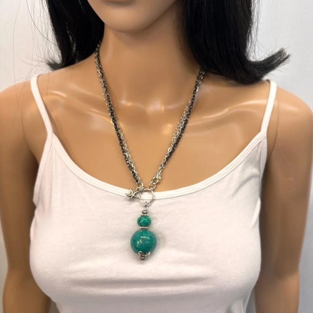 Chrysocolla Turquoise Blue Silver Tone Necklace with Larg Intricate Pendant - Picture 4 of 16